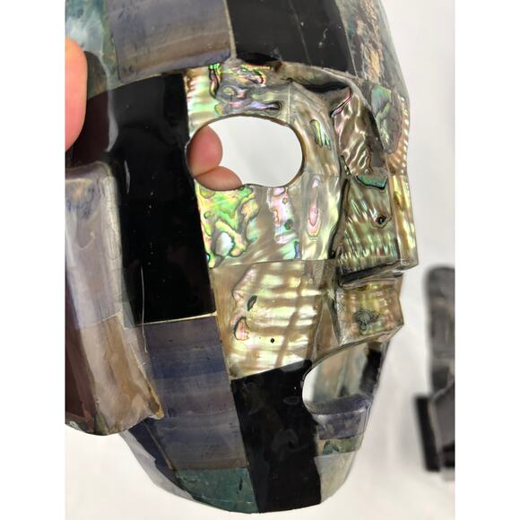 Vintage Pair Mexican Shell + Stone Mosaic Mask Folk Art Aztec Style Tessellated - Picture 12 of 14